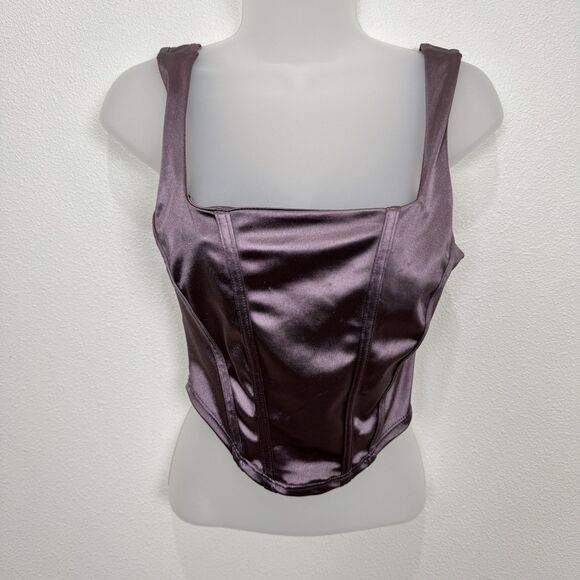Vtg 90s Satin Corset Top Womens Small Purple Metallic Festival Rave Coquette - Picture 1 of 16